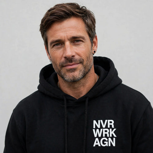 NVR WRK AGN Stacked Hoodie in black with stacked white wordmark print